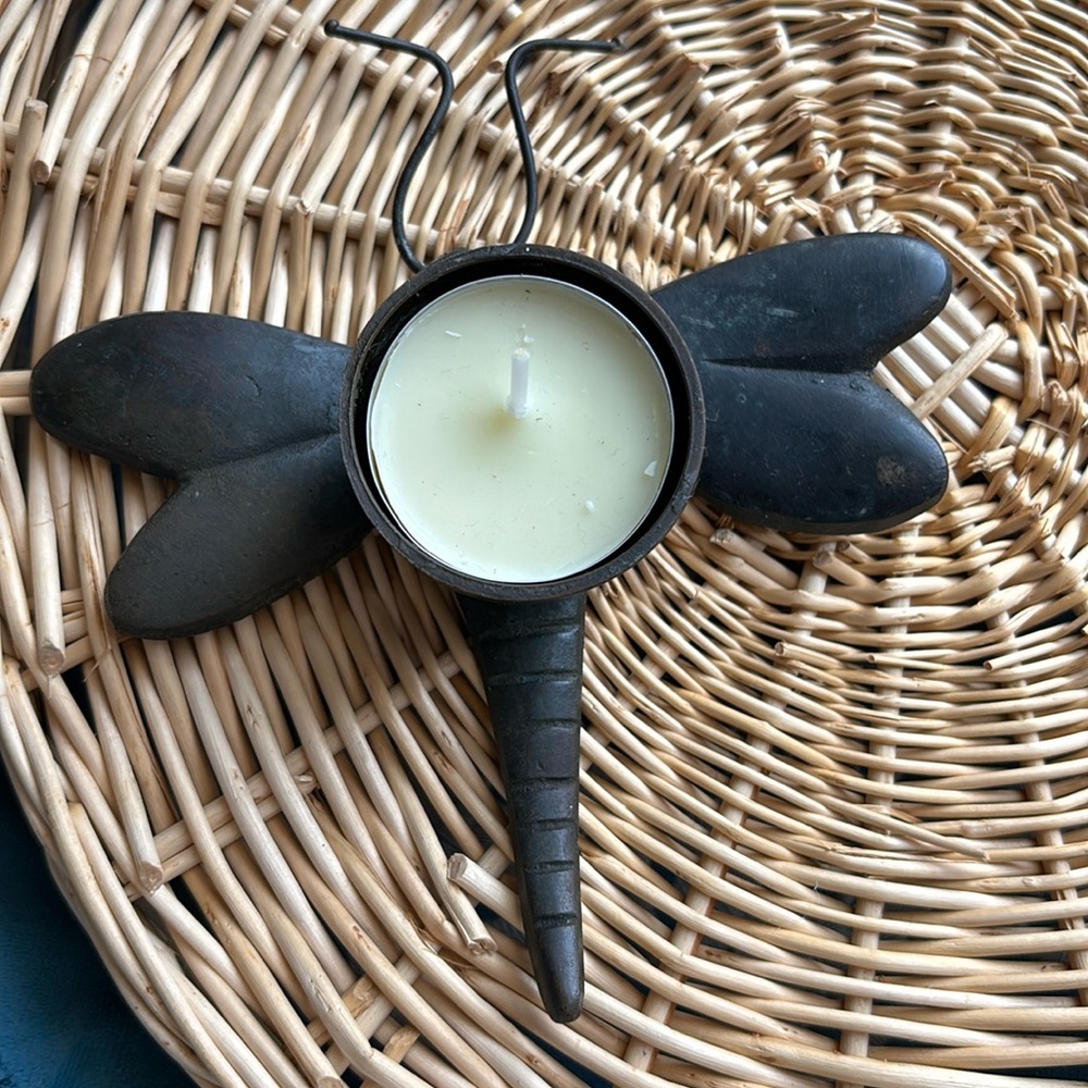 Tag Metal Dragonfly Tealight Cup Candle Holder With Green Patina